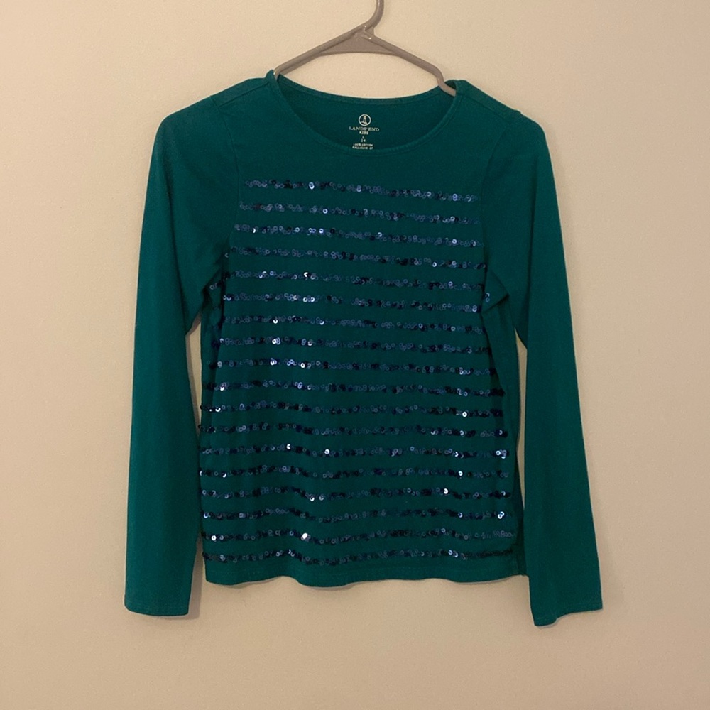 Lands End girls long sleeve shirt. Jade green with navy sequin stripes. Size 14